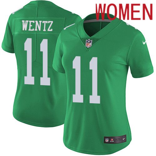 Women Philadelphia Eagles #11 Carson Wentz Nike Green Vapor Limited Rush NFL Jersey